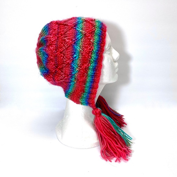 HAND KNIT Brightly Color Stripe Fun Bonnet Beanie with Tassels, Fun Cabled Hat - Picture 3 of 10